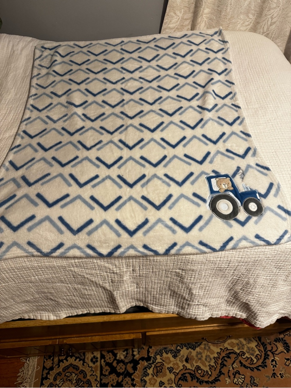 Baby Essentials Blue And White  Baby Blanket With Embroidered Truck And Bear